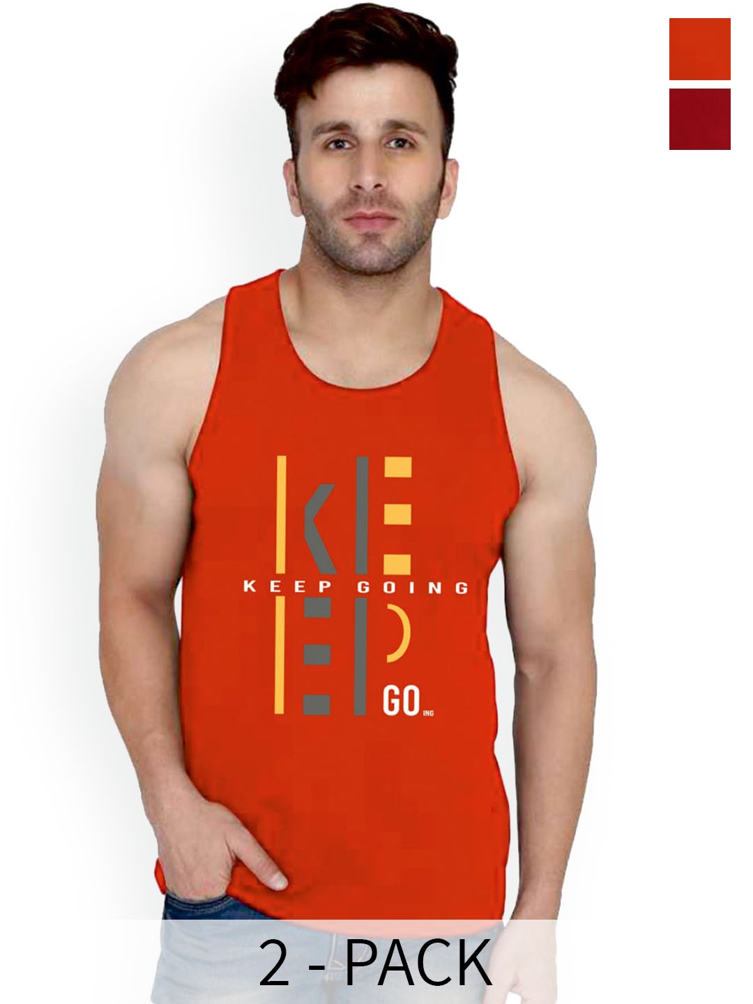 

SLOWLORIS Pack Of 2 Typography Printed Pure Cotton Bio-Wash Gym Vests, Red
