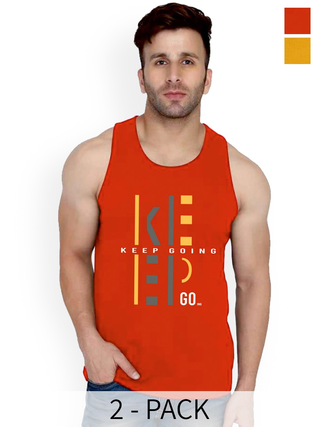 

SLOWLORIS Pack Of 2 Typography Printed Pure Cotton Bio-Wash Gym Vests, Red