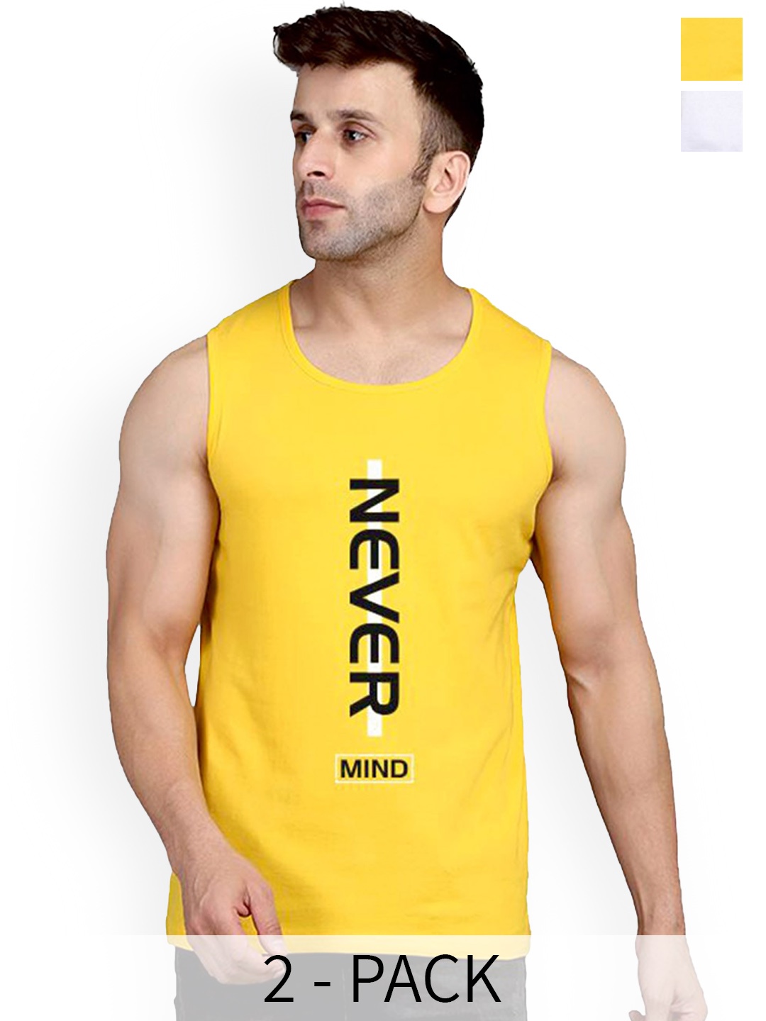 

SLOWLORIS Pack Of 2 Typography Printed Pure Cotton Bio-Wash Gym Vests, White