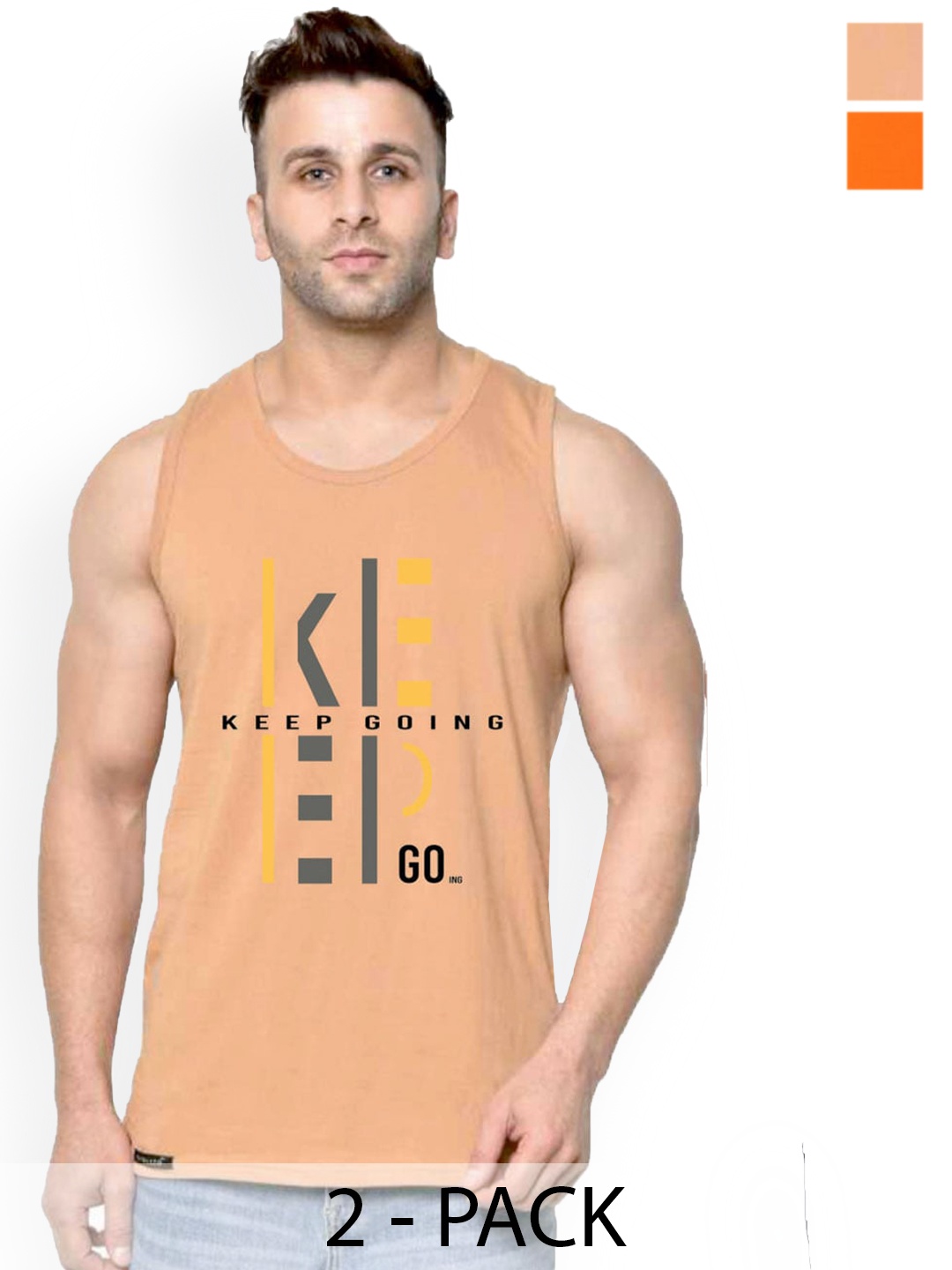 

SLOWLORIS Pack Of 2 Typography Printed Pure Cotton Bio-Wash Gym Vests, Rust