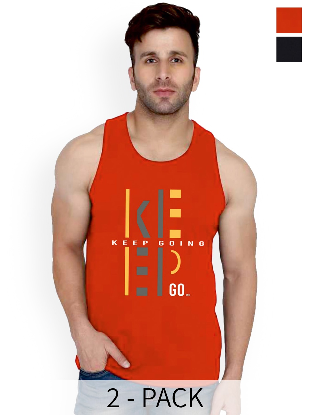 

SLOWLORIS Pack Of 2 Typography Printed Pure Cotton Bio-Wash Gym Vests, Red