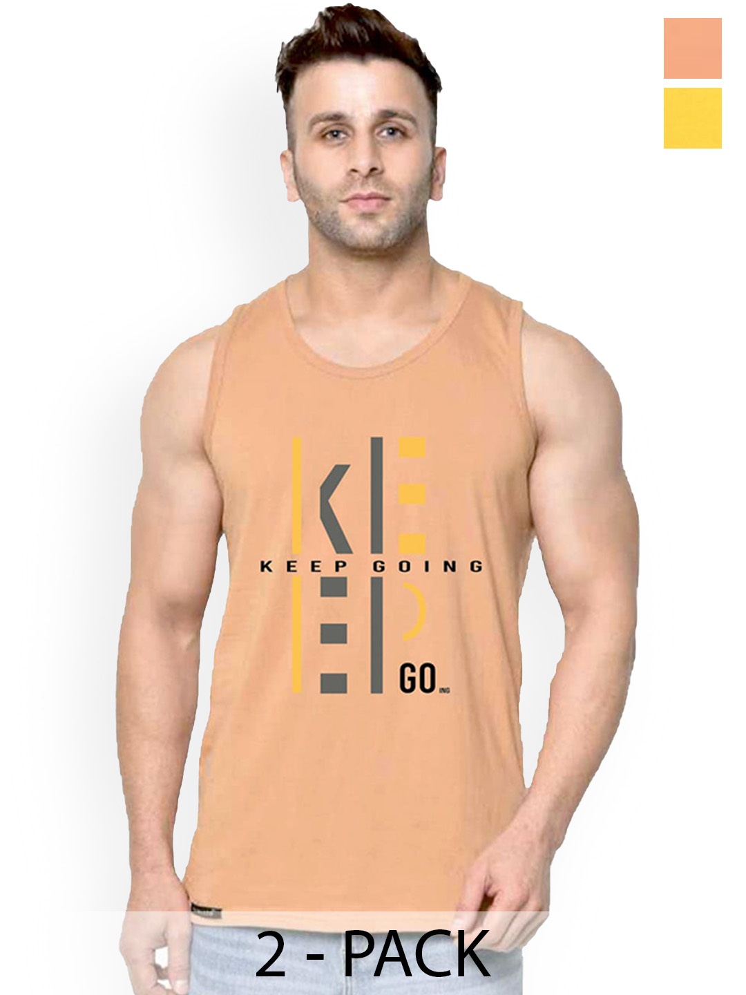 

SLOWLORIS Pack Of 2 Typography Printed Pure Cotton Bio-Wash Gym Vests, Rust