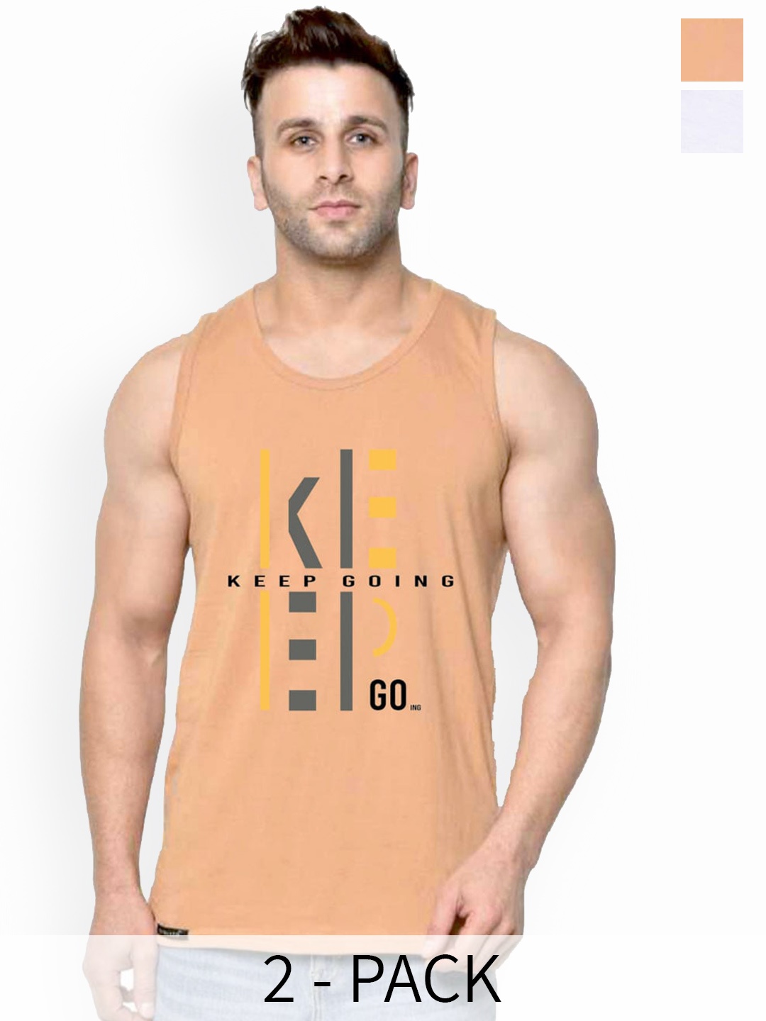 

SLOWLORIS Pack Of 2 Typography Printed Pure Cotton Bio-Wash Gym Vests, Rust
