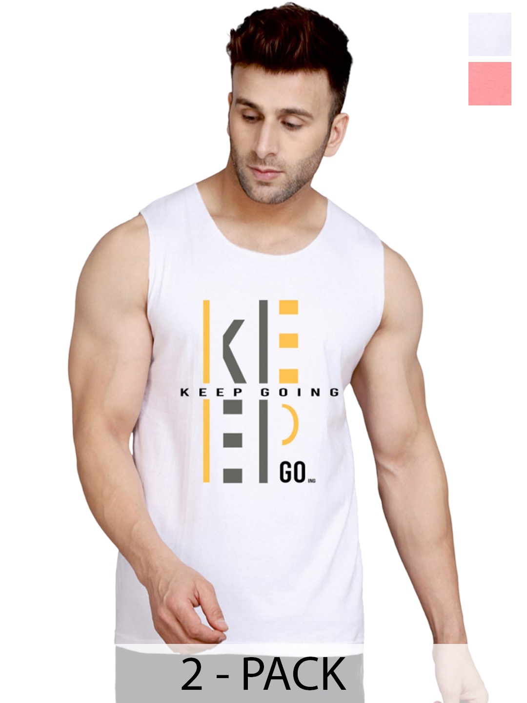 

SLOWLORIS Pack Of 2 Typography Printed Pure Cotton Bio-Wash Gym Vests, White