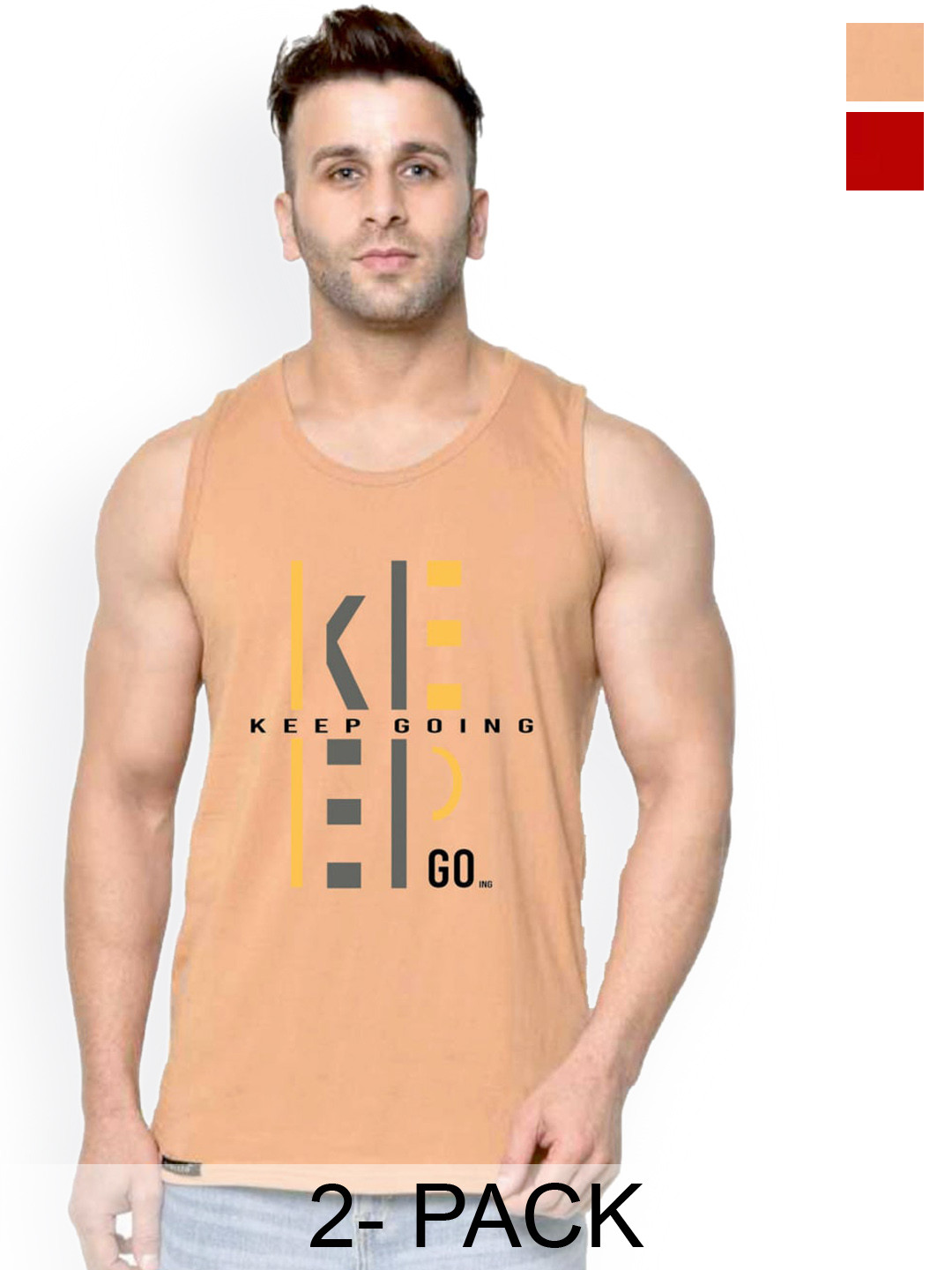 

SLOWLORIS Pack Of 2 Typography Printed Pure Cotton Bio-Wash Gym Vests, Beige