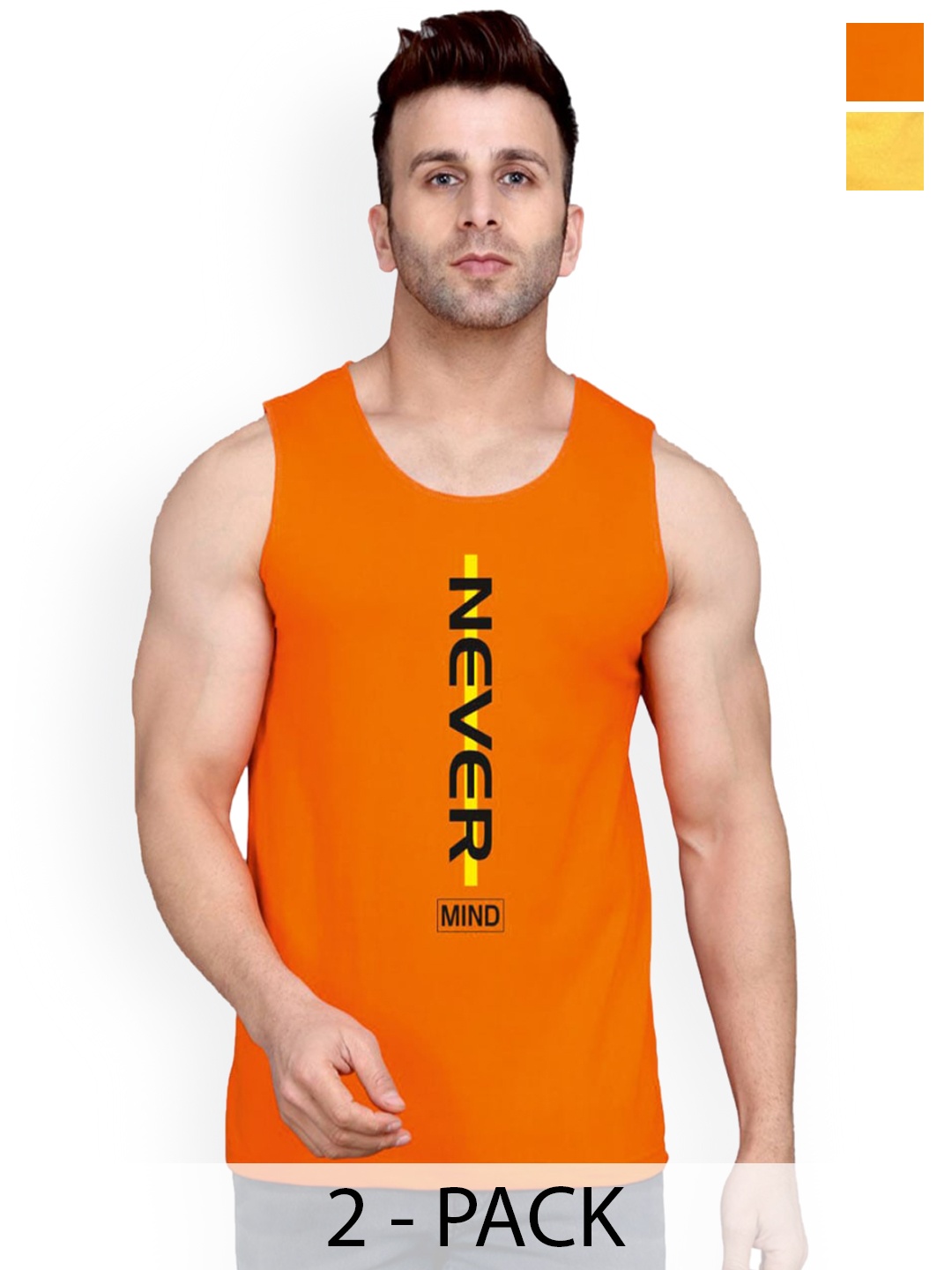 

SLOWLORIS Pack Of 2 Typography Printed Pure Cotton Bio-Wash Gym Vests, Yellow