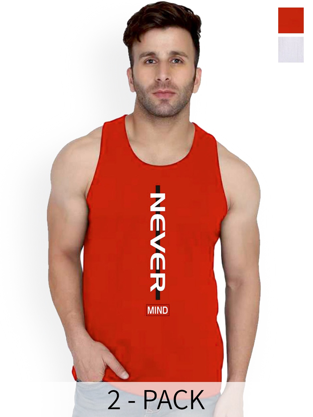 

SLOWLORIS Pack Of 2 Typography Printed Pure Cotton Bio-Wash Gym Vests, White