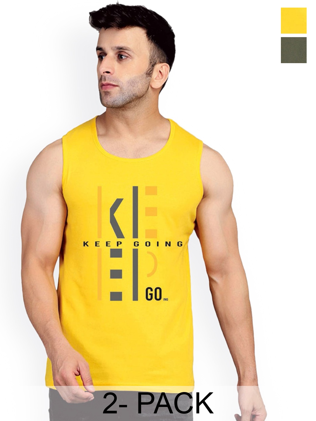 

SLOWLORIS Pack Of 2 Typography Printed Pure Cotton Bio-Wash Gym Vests, Yellow