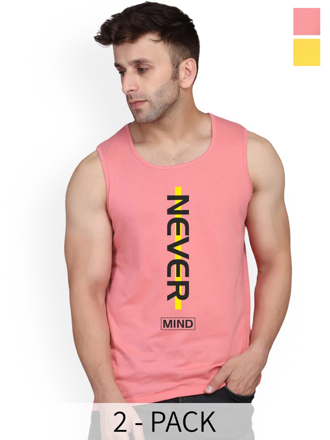 

SLOWLORIS Pack Of 2 Typography Printed Pure Cotton Bio-Wash Gym Vests, Yellow