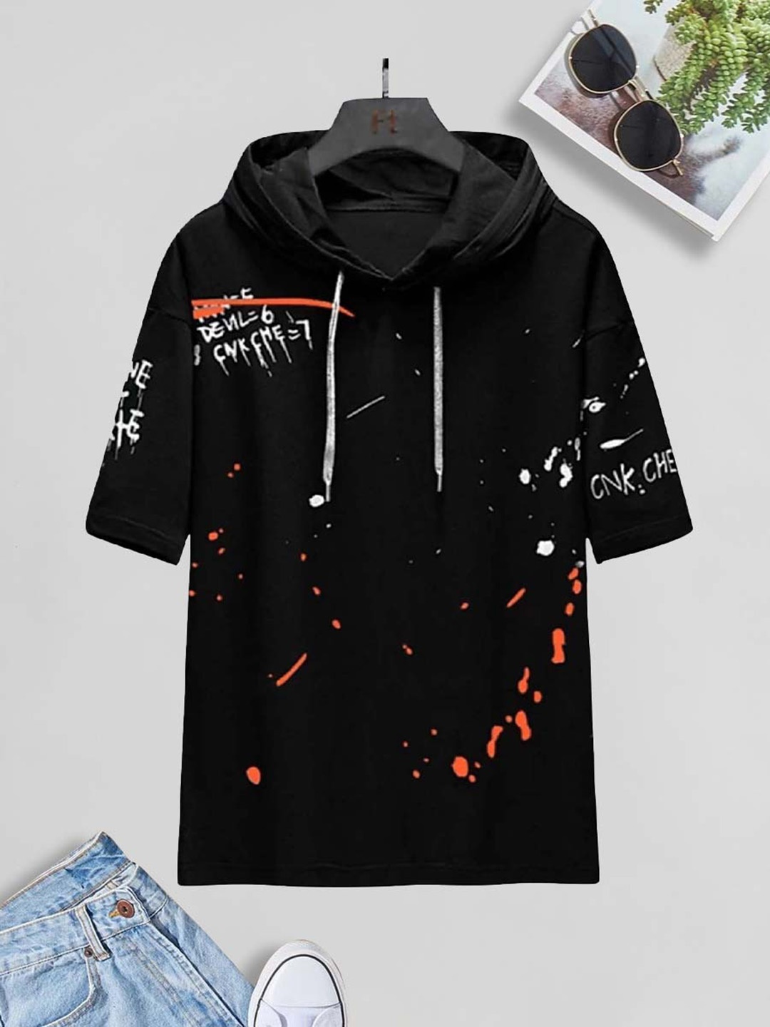 

BAESD Boys Printed Hooded Monochrome Raw Edge T-shirt, Black