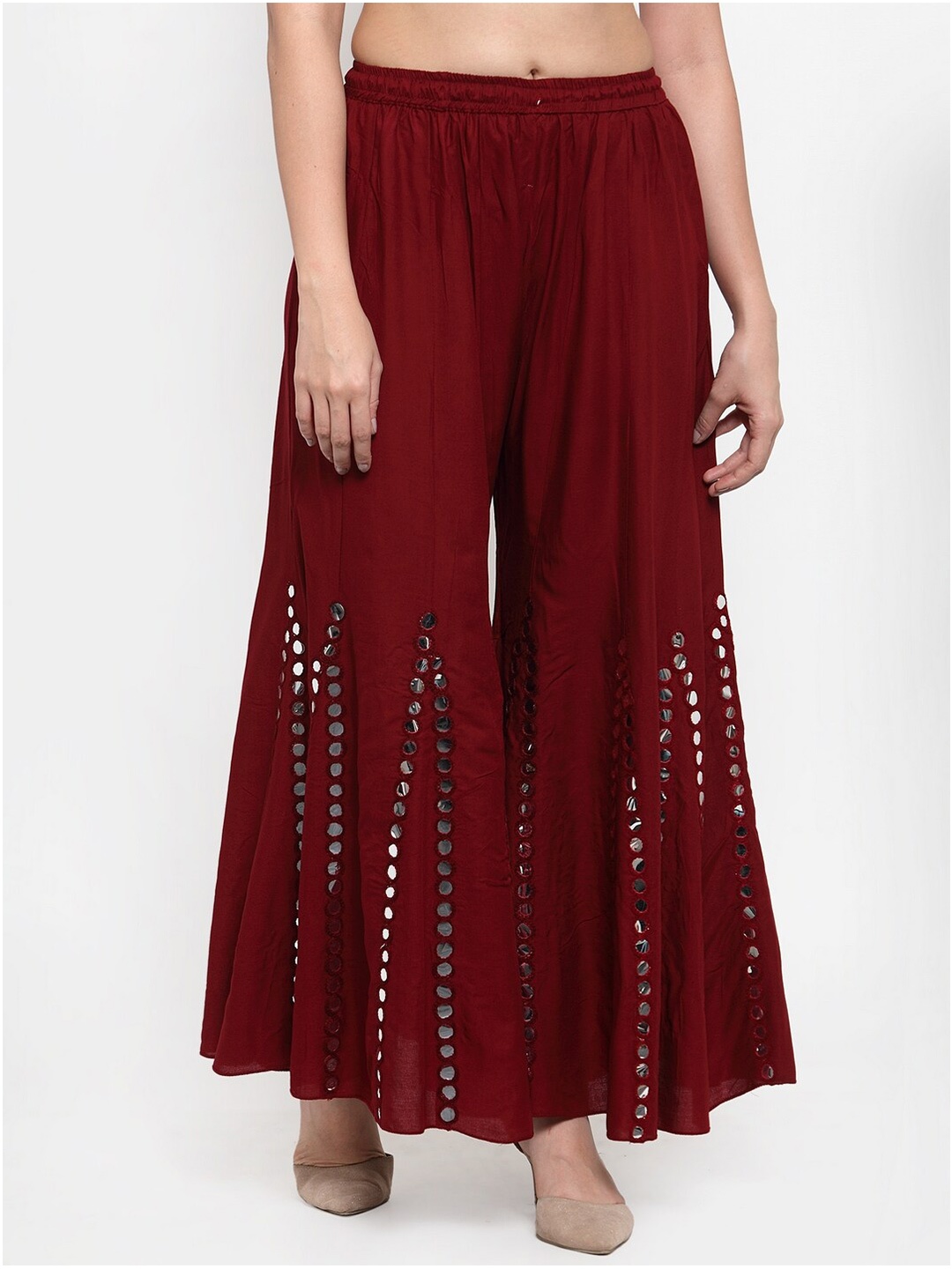 Miaz Lifestyle Women Ethnic Motifs Embroidered Flared Ethnic Palazzos, Maroon