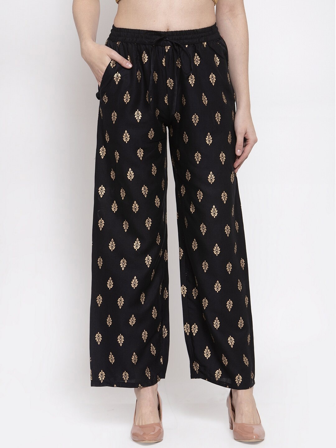 

Miaz Lifestyle Women Straight Ethnic Motifs Printed Pure Cotton Palazzo, Black