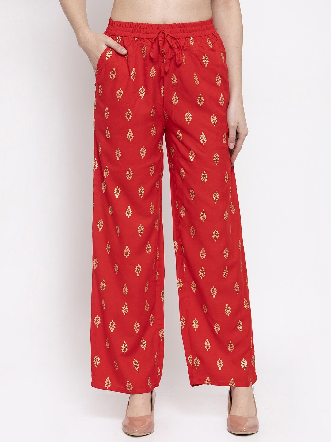 

Miaz Lifestyle Women Straight Ethnic Motifs Printed Pure Cotton Palazzo, Red