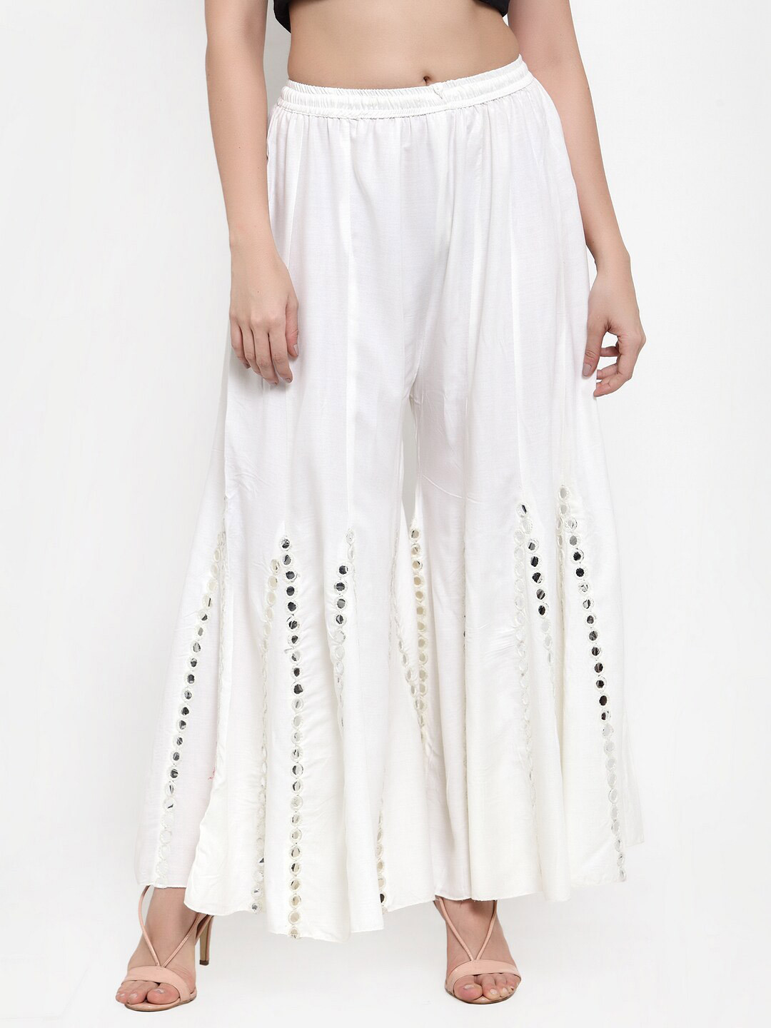 

Miaz Lifestyle Women Flared Ethnic Motifs Embroidered Mirror Work Detailed Palazzo, White