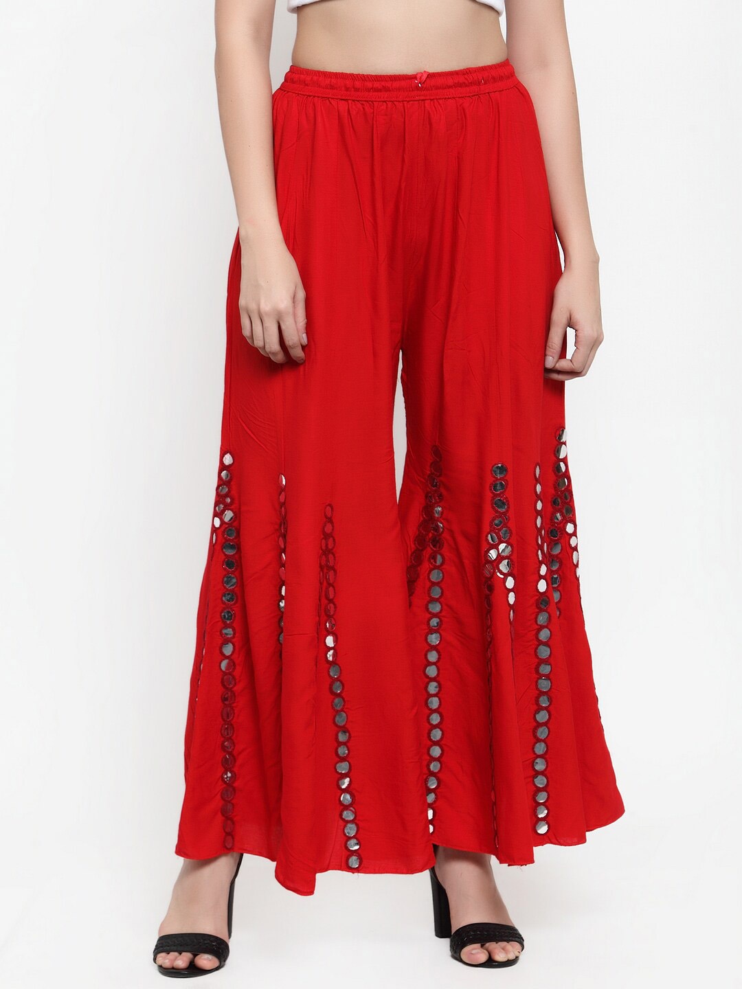 

Miaz Lifestyle Women Flared Ethnic Motifs Embroidered Mirror Work Detailed Palazzo, Red
