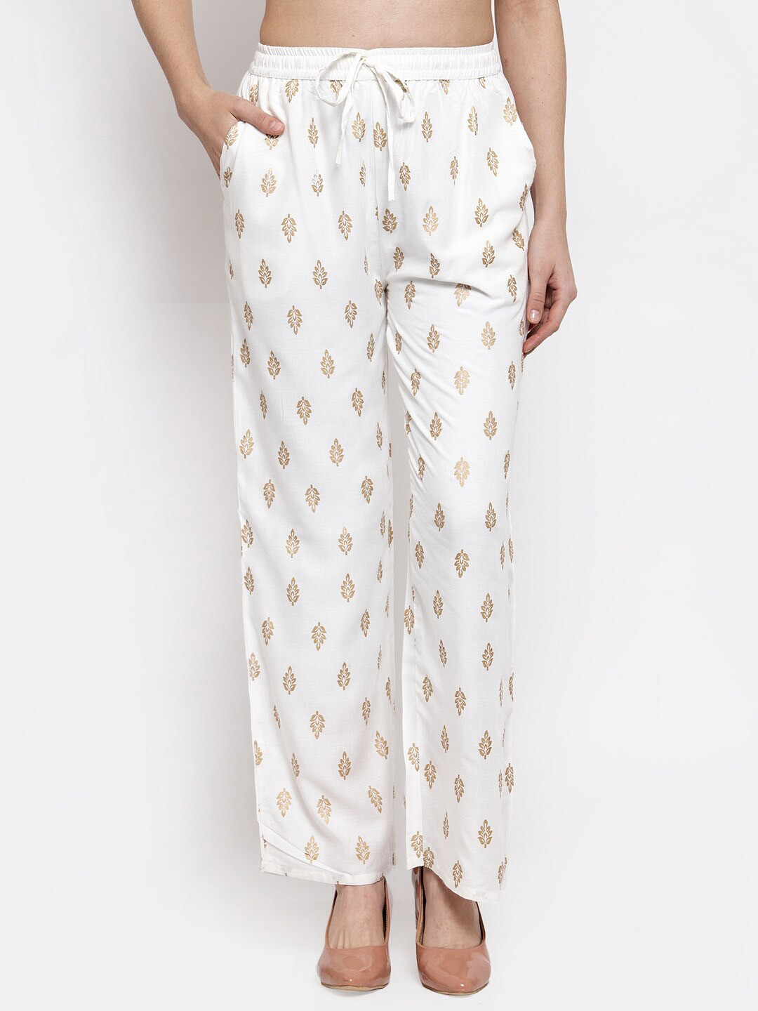 

Miaz Lifestyle Women Straight Ethnic Motifs Printed Pure Cotton Palazzo, Off white