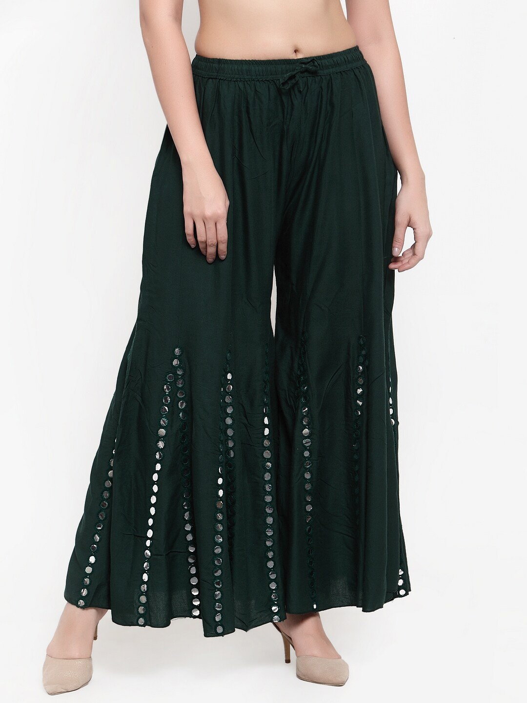 

Miaz Lifestyle Women Ethnic Motifs Embroidered Flared Knitted Palazzos, Green