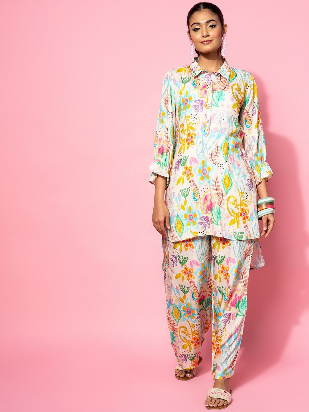 

Libas Floral Printed Shirt Collar Tunic & Printed palazzo, Cream