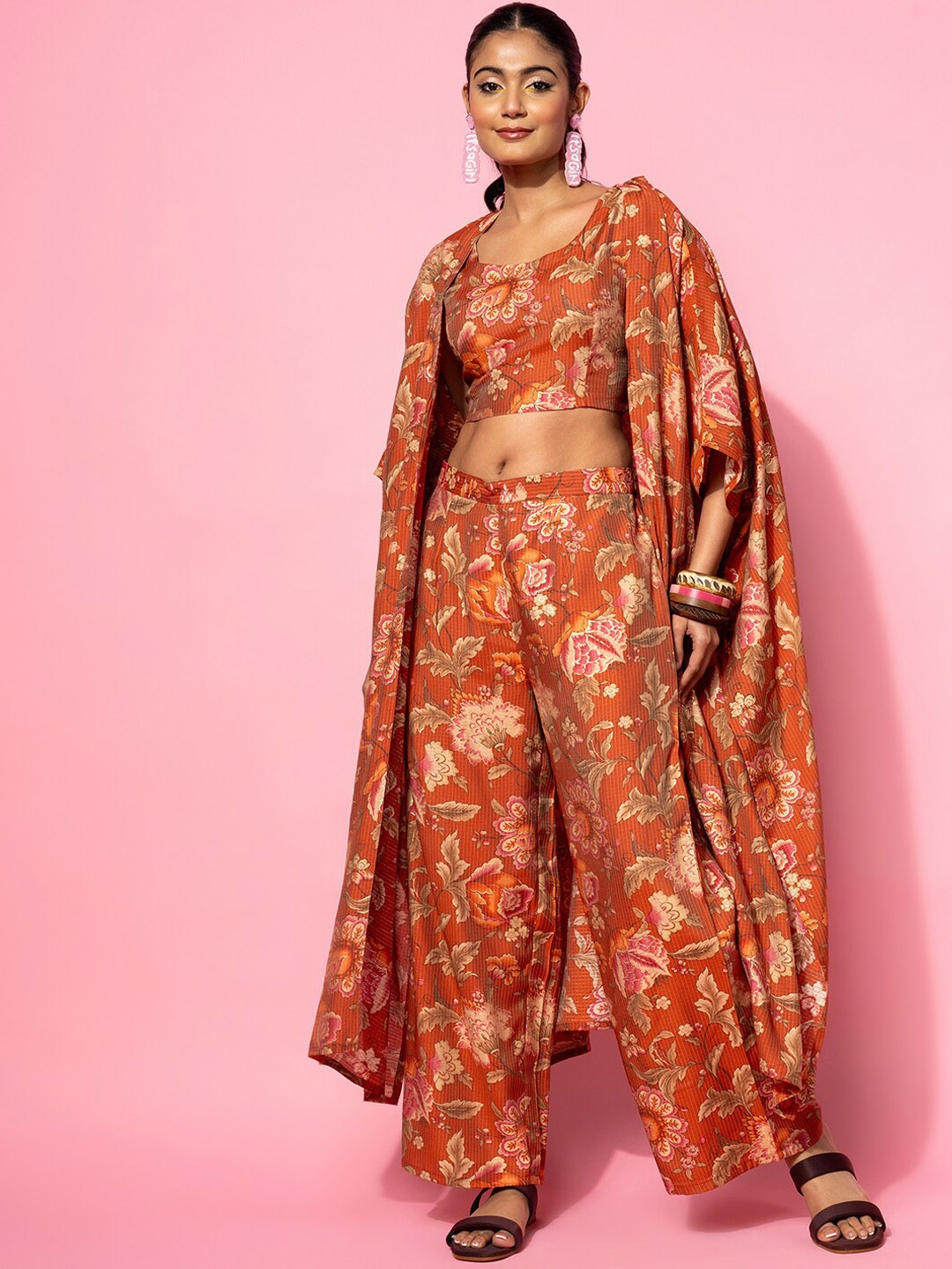 

Libas Floral Print Crop Top & Palazzo With Jacket, Rust