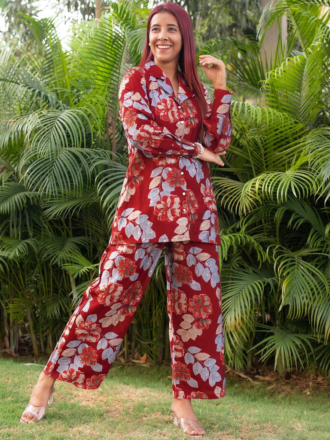 

Libas Floral Print Shirt Collar Long Sleeves Co-ords, Maroon