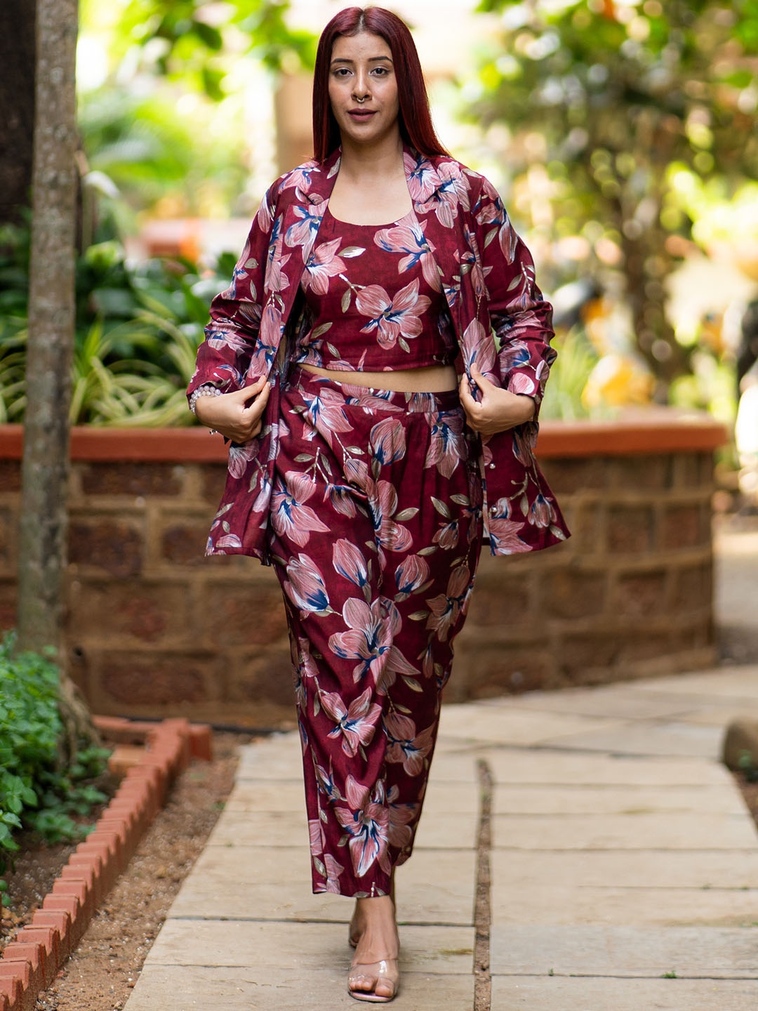 

Libas Floral Print Crop Top & Palazzo With Jacket, Maroon