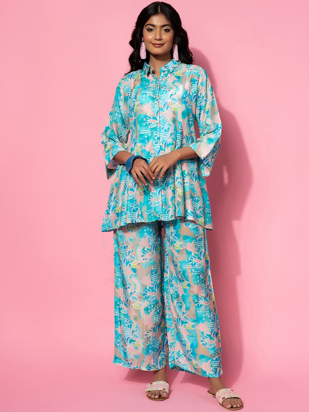 

Libas Floral Printed Longline Tunic with Palazzos, Blue