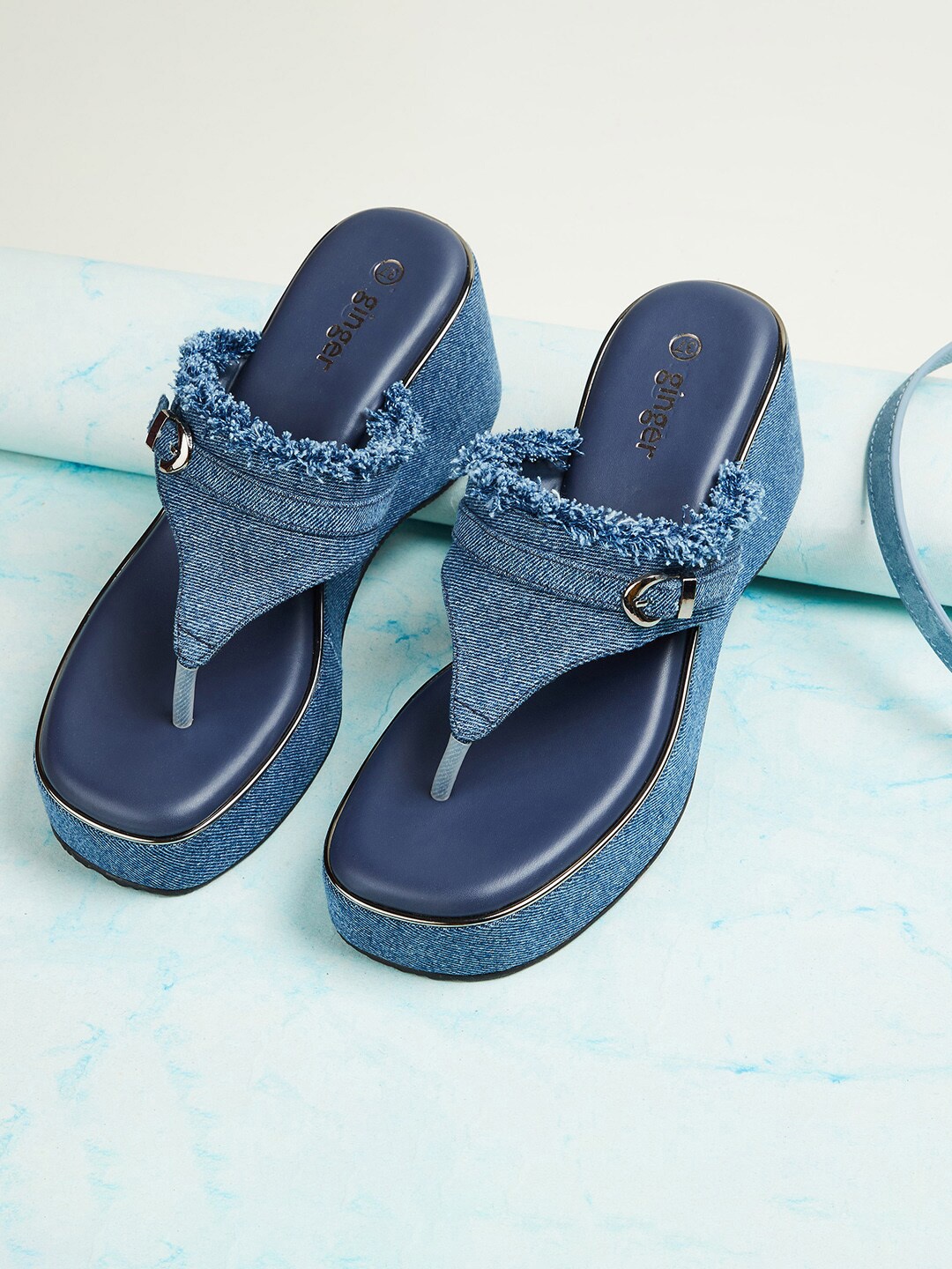 

Ginger by Lifestyle Textured Buckle Detailed Wedge Heels, Navy blue
