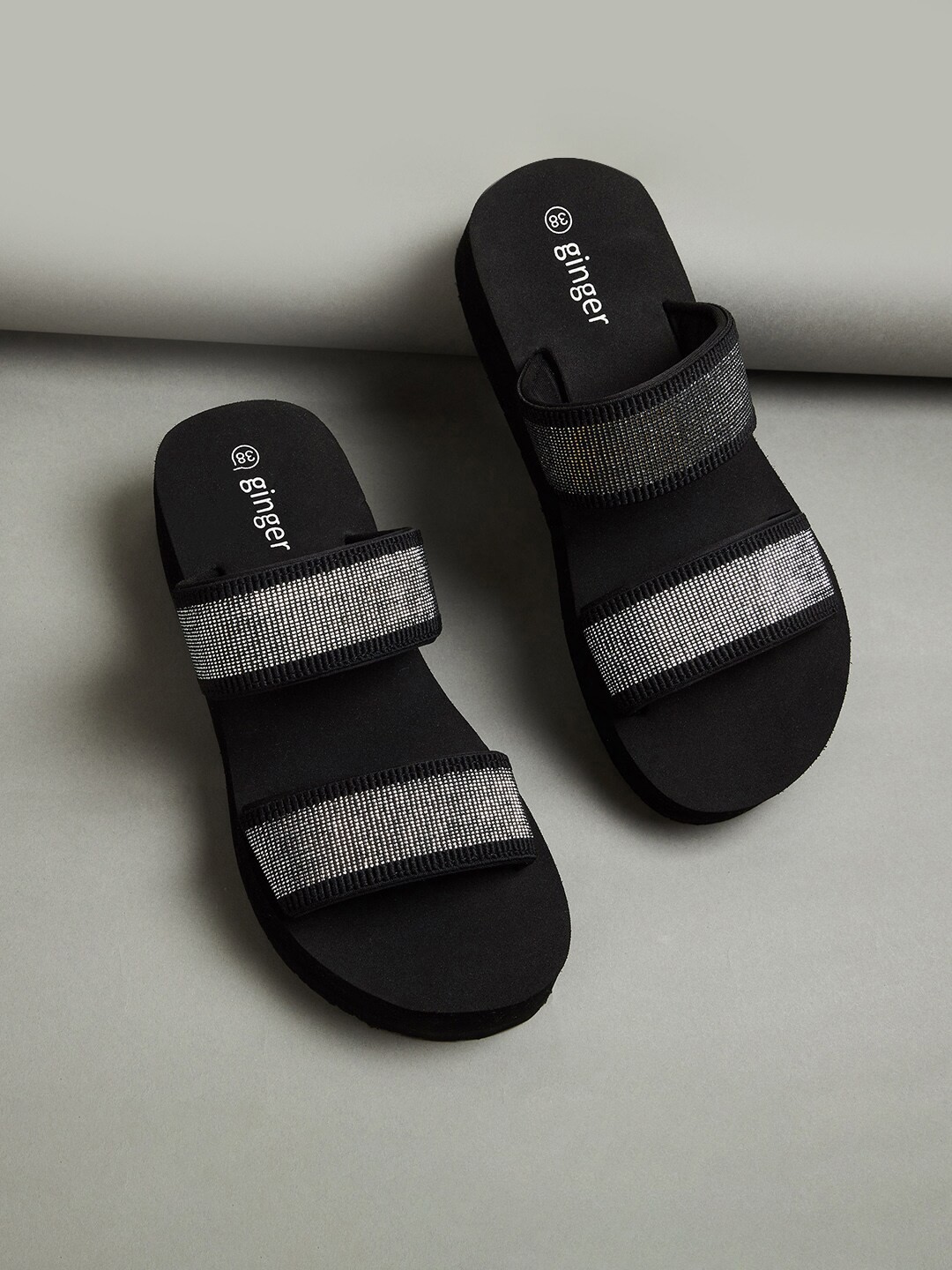 

Ginger by Lifestyle Women Self Design Rubber Sliders, Black