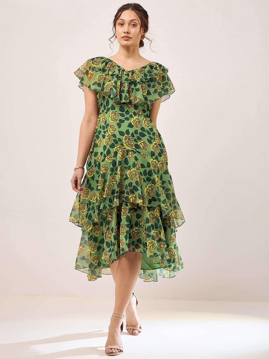 

Antheaa Green Floral Print V-Neck Flutter Sleeve Layered Chiffon Fit & Flare Midi Dress