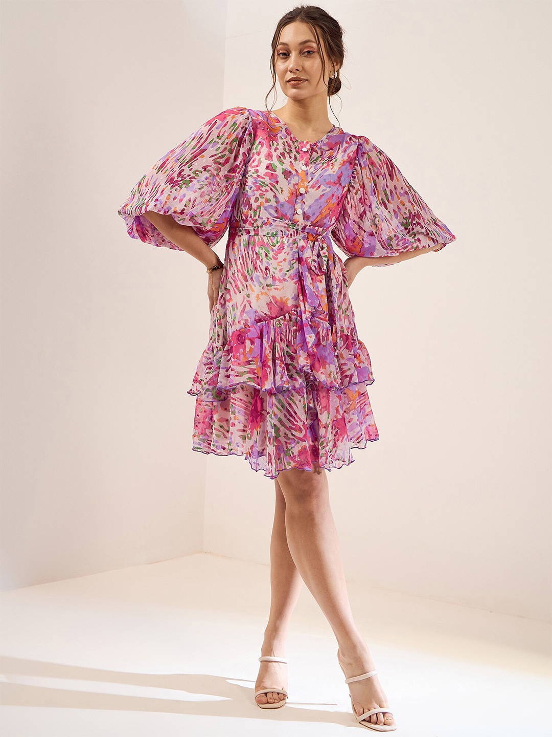 

Antheaa Purple Floral Print V-Neck Flared Sleeves Chiffon Layered Fit & Flare Dress