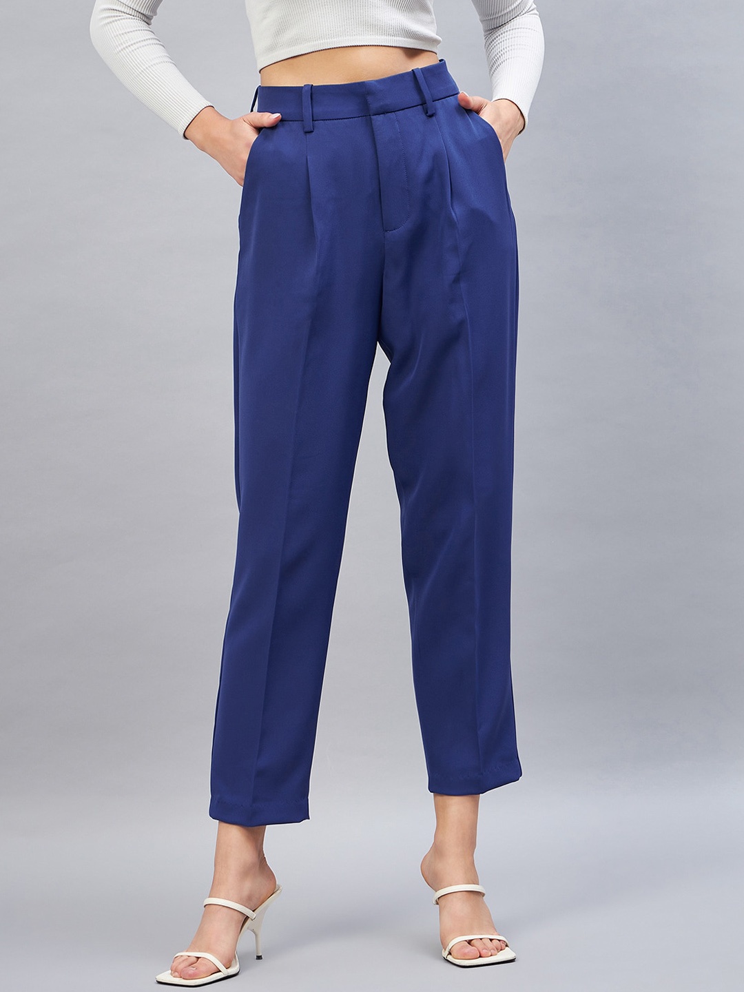

DELAN Women Smart Loose Fit High-Rise Easy Wash Pleated Peg Trousers, Blue