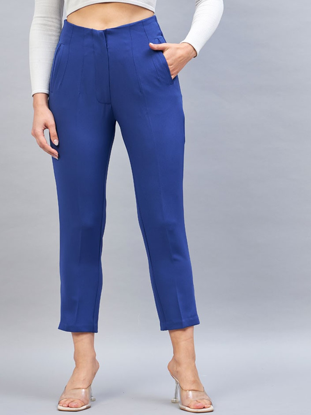 

DELAN Women Smart Skinny Fit High-Rise Easy Wash Cigarette Trousers, Blue