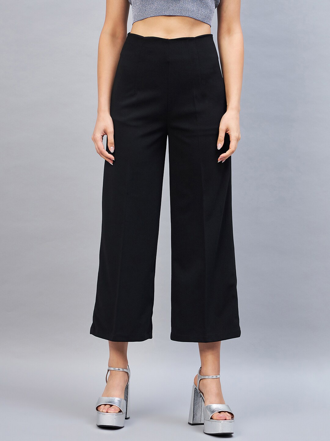 

DELAN Women Smart Tapered Fit High-Rise Easy Wash Culottes Trousers, Black