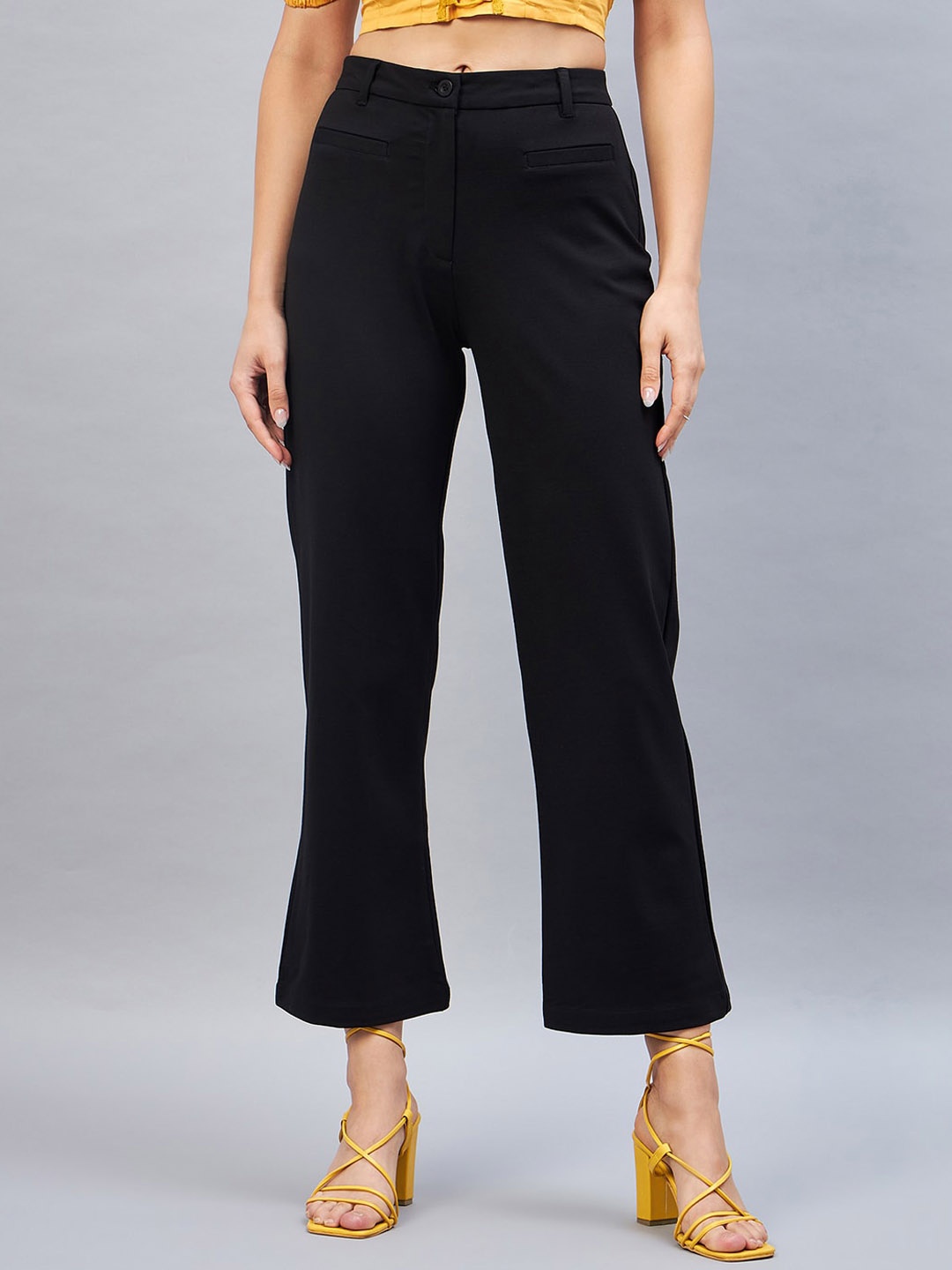 

DELAN Women Smart Tapered Fit High-Rise Easy Wash Cropped Bootcut Trousers, Black