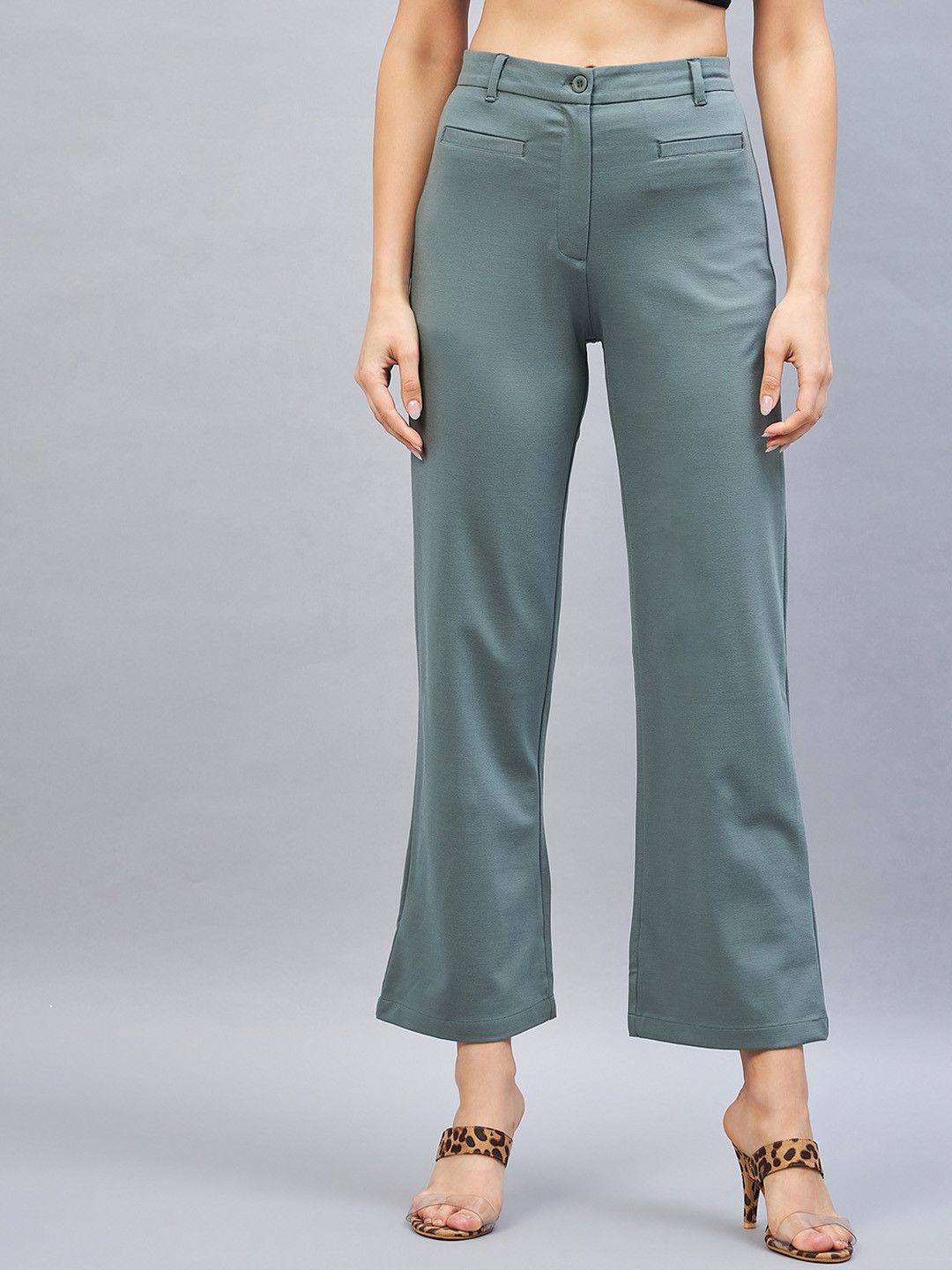 

DELAN Women Smart Tapered Fit High-Rise Easy Wash Parallel Trousers, Green