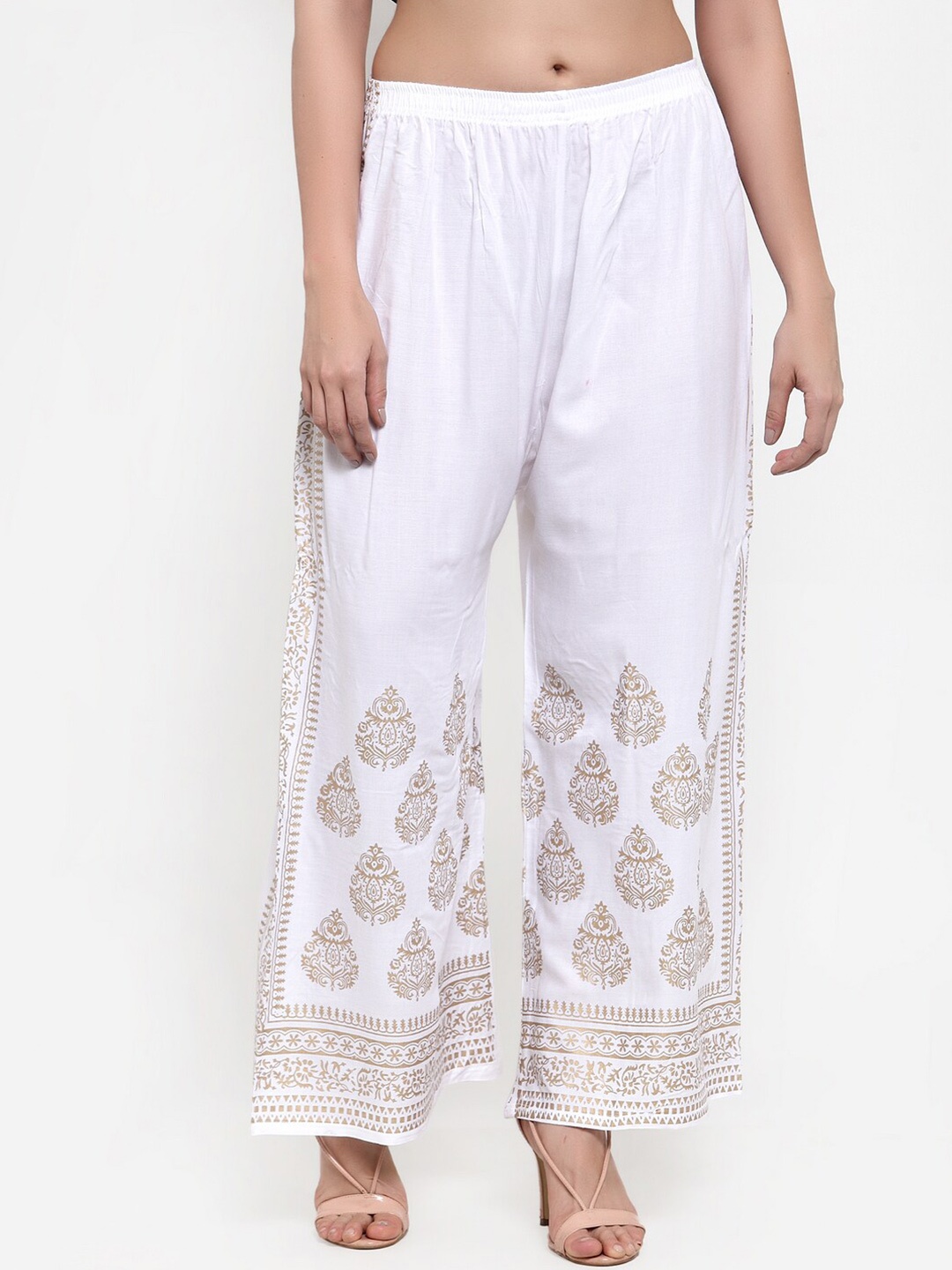 

Miaz Lifestyle Women Ethnic Motifs Printed Knitted Cotton Wide Leg Palazzos, White