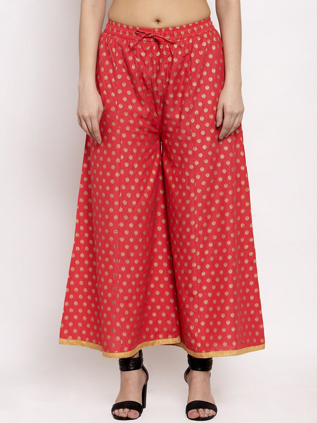 

Miaz Lifestyle Women Ethnic Motifs Printed Knitted Wide Leg Cotton Palazzos, Peach