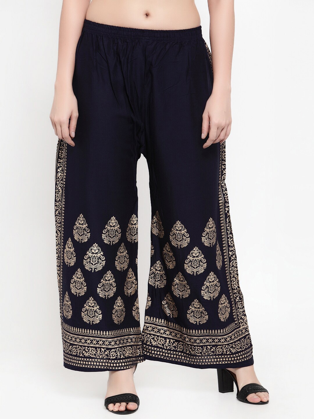 

Miaz Lifestyle Women Ethnic Motifs Printed Knitted Wide Leg Cotton Palazzos, Navy blue