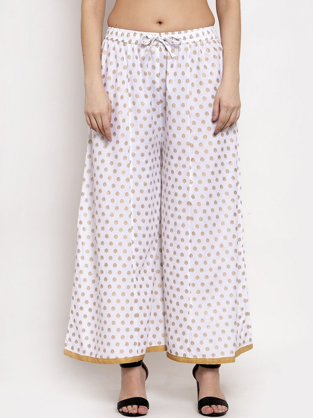 

Miaz Lifestyle Women Ethnic Motifs Printed Knitted Cotton Wide Leg Palazzos, White
