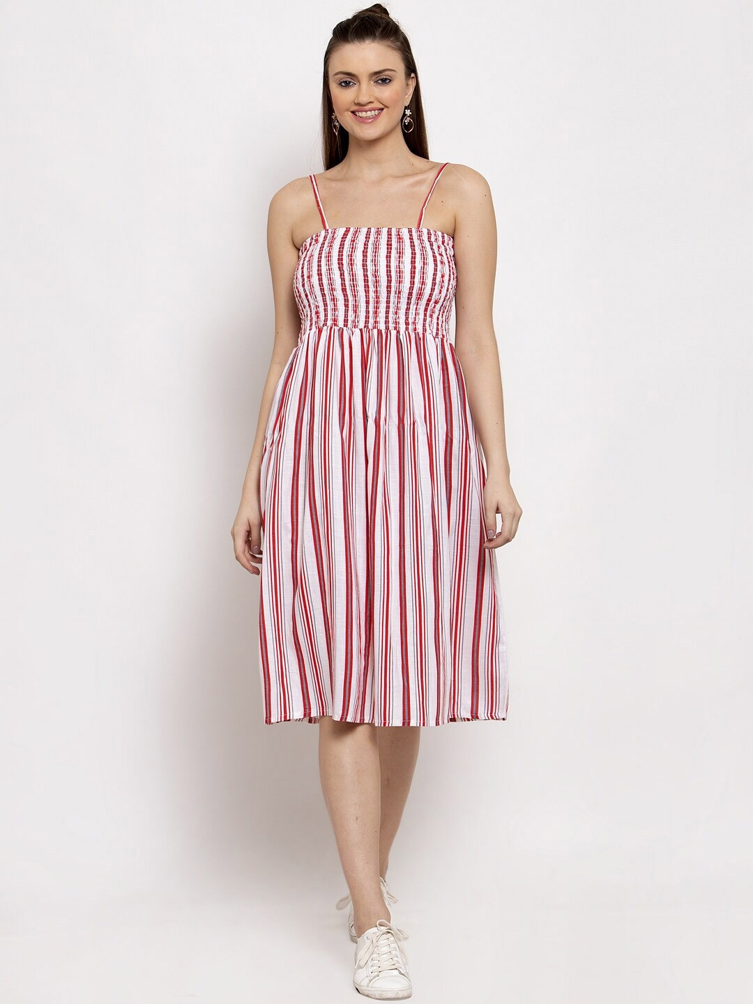 

Miaz Lifestyle Striped Pleated Cotton Fit & Flare Dress, Red