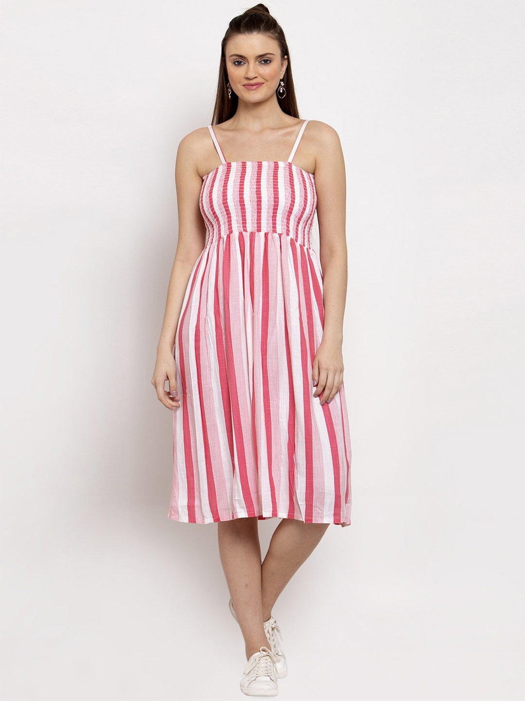 

Miaz Lifestyle Striped Pleated Cotton Fit & Flare Midi Dress, Pink