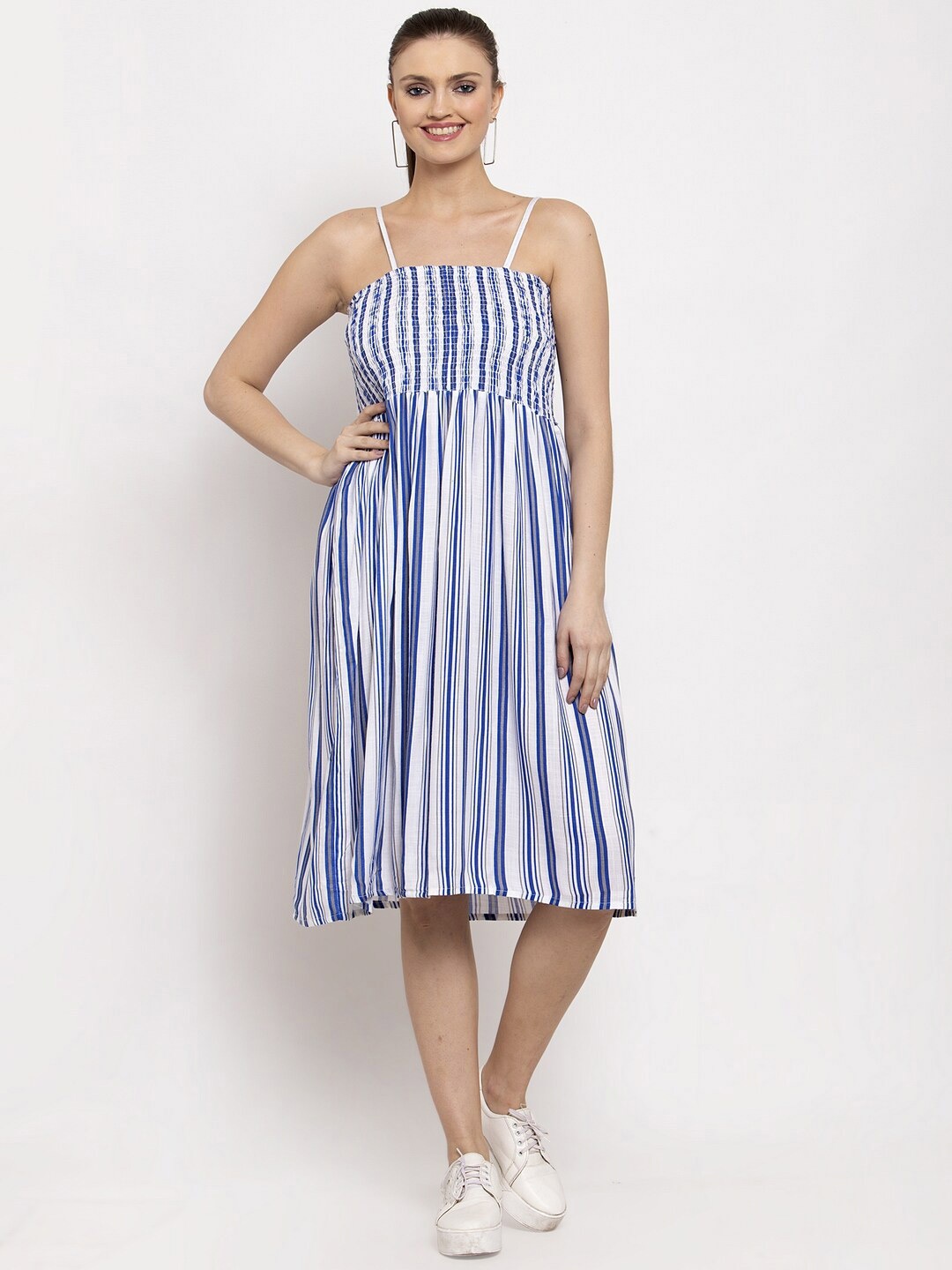 

Miaz Lifestyle Striped Pleated Cotton Fit & Flare Midi Dress, Blue