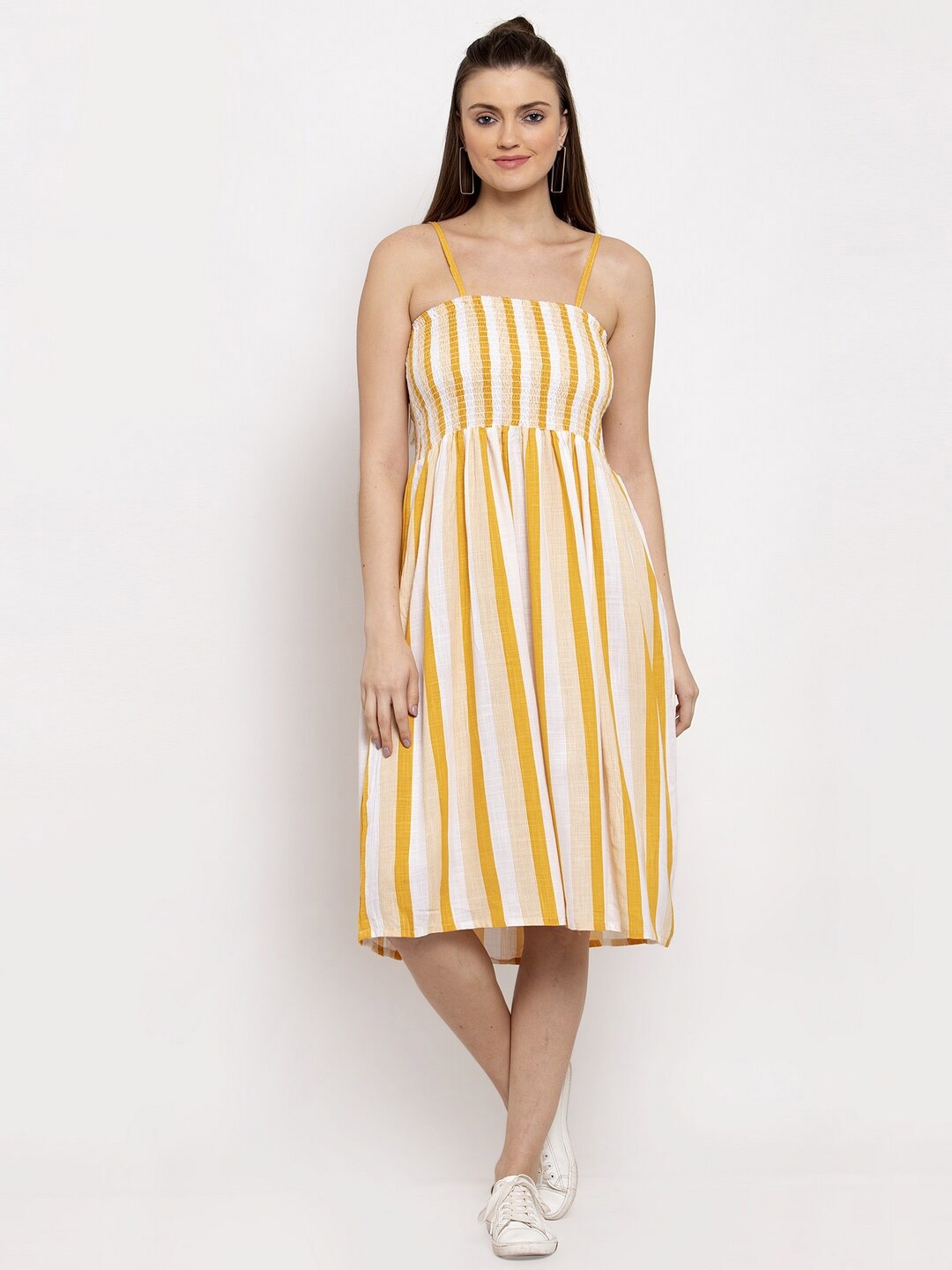 

Miaz Lifestyle Striped Pleated Cotton Fit & Flare Dress, Mustard