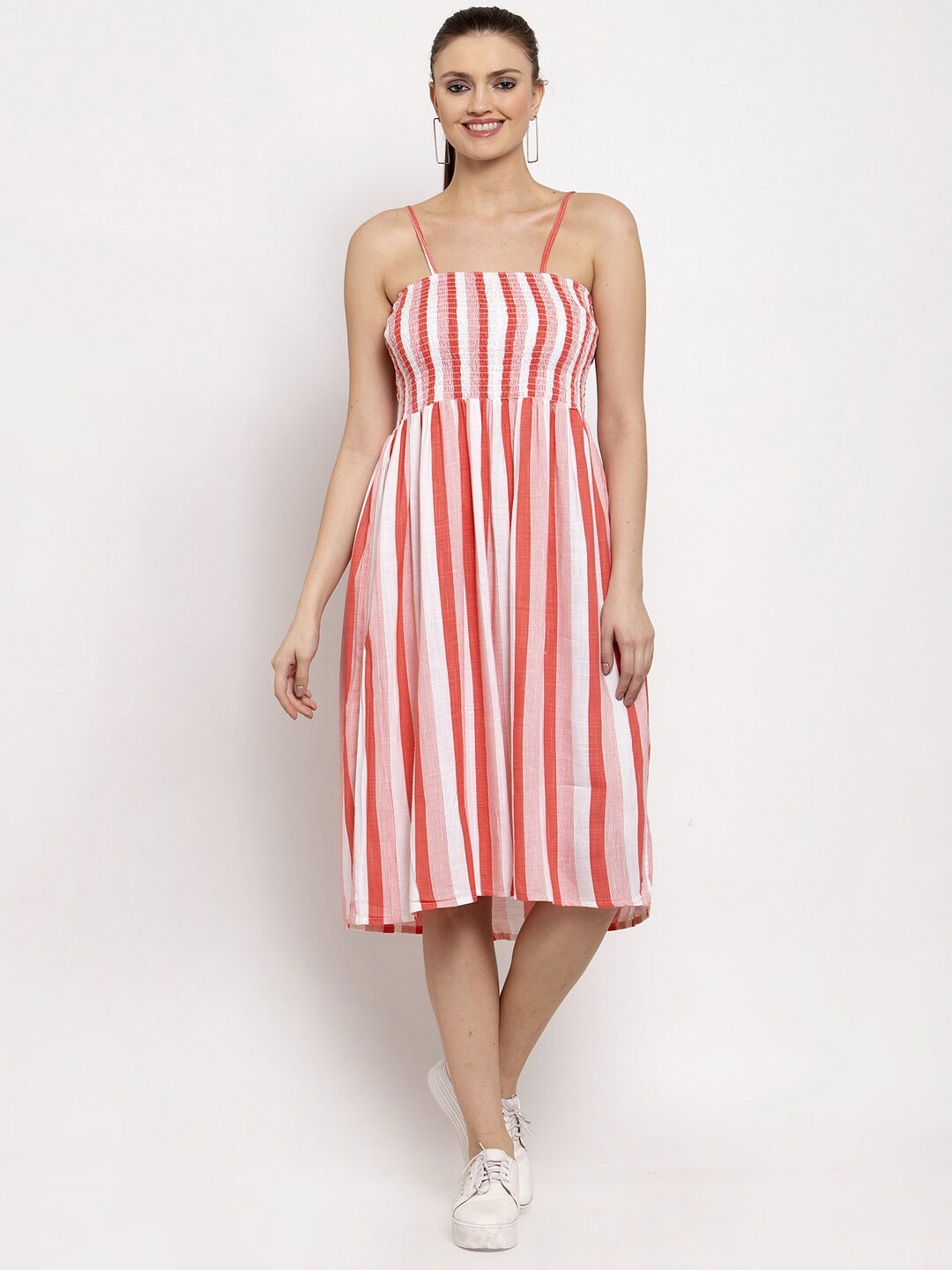 

Miaz Lifestyle Striped Pleated Cotton Fit & Flare Dress, Red