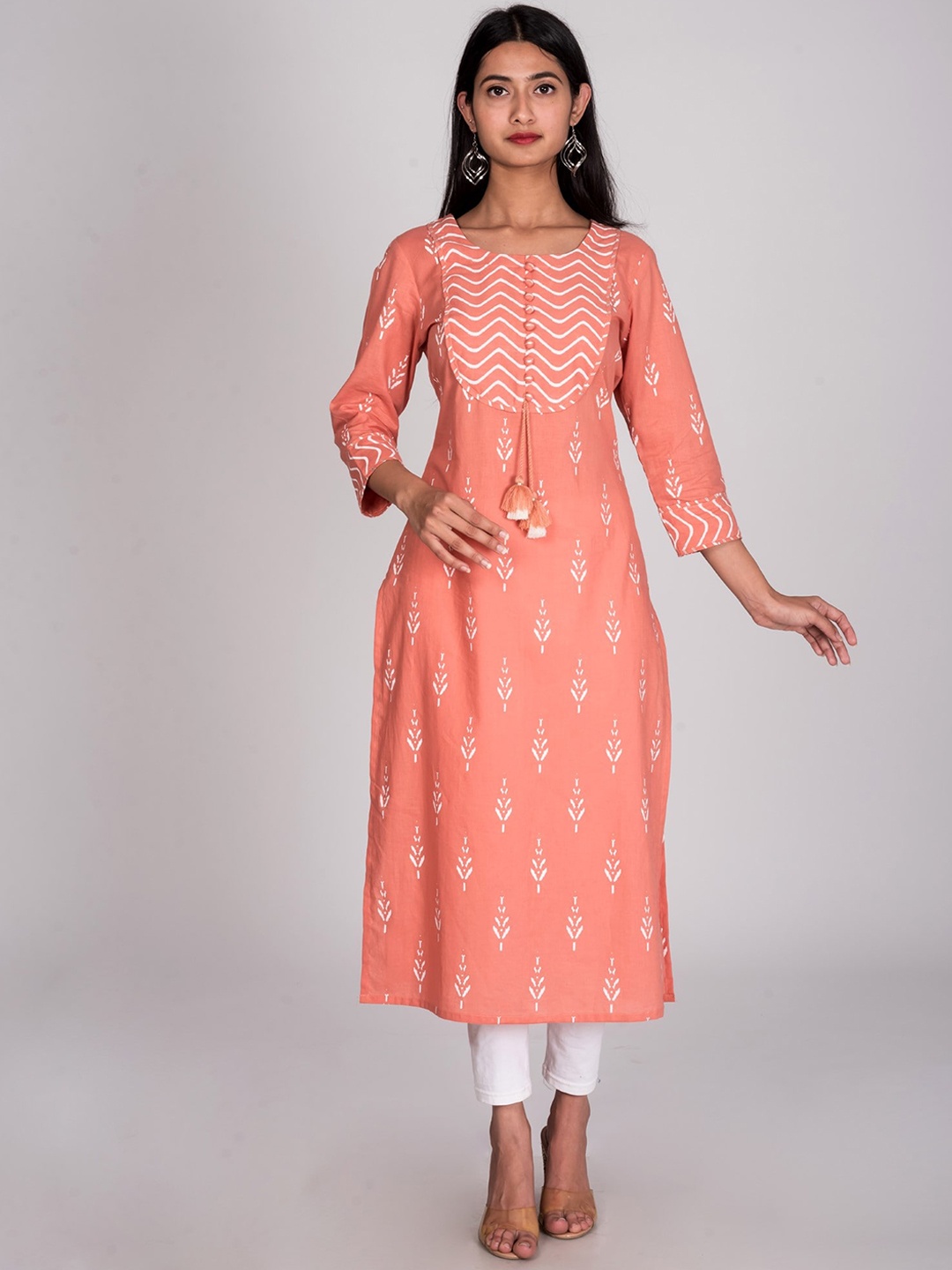 

KALINI Ethnic Motifs Printed Cotton Straight Kurta, Peach