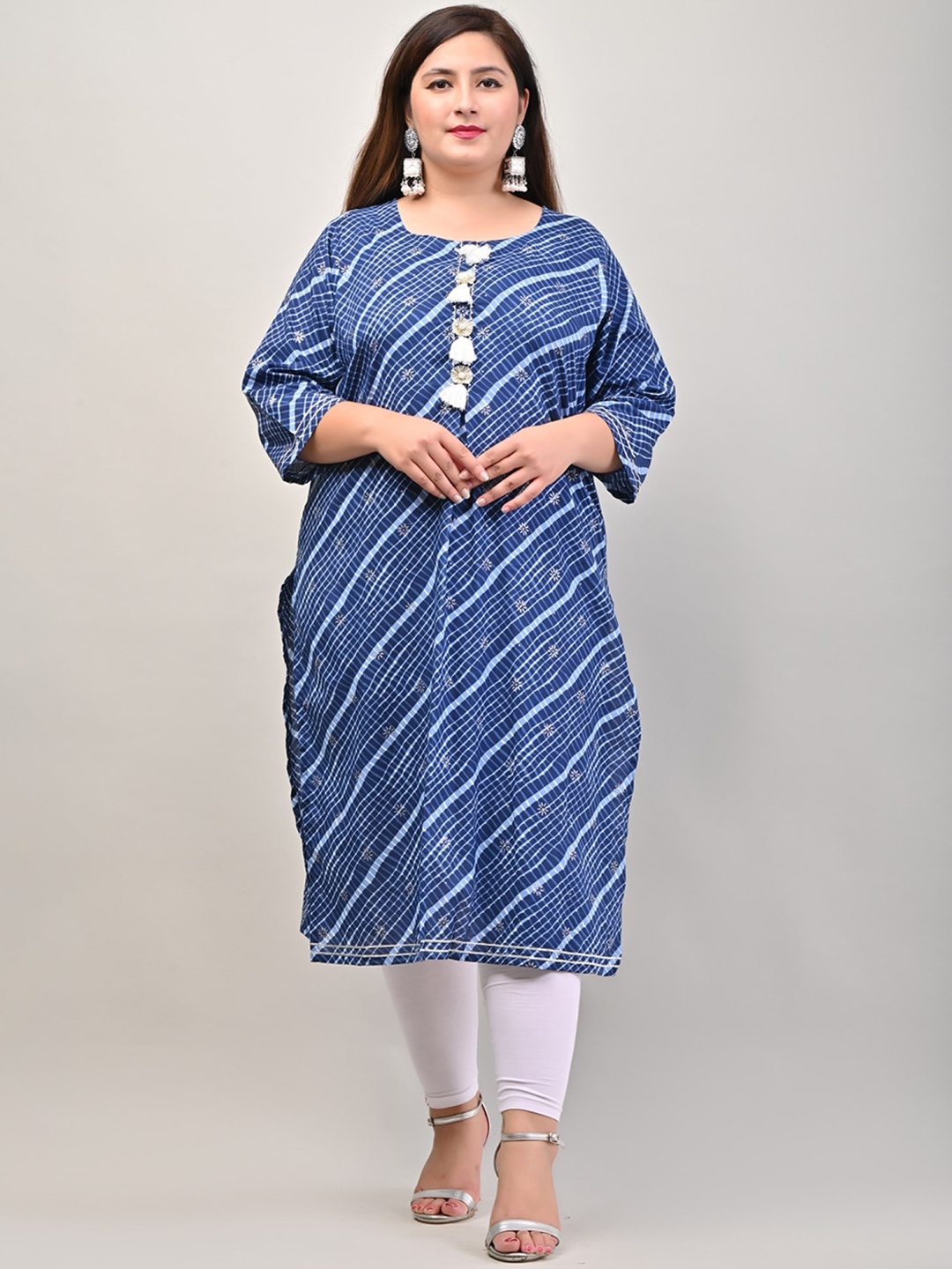 

KALINI Plus Size Round Neck Floral Embroidered Straight Kurta, Blue