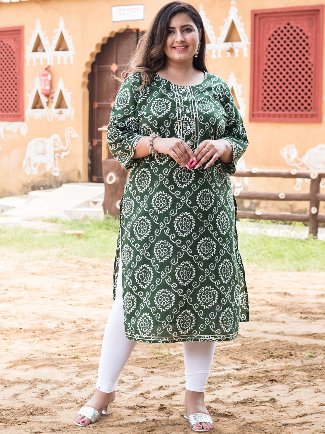 

KALINI Ethnic Motifs Printed Gotta Patti Straight Kurta, Green