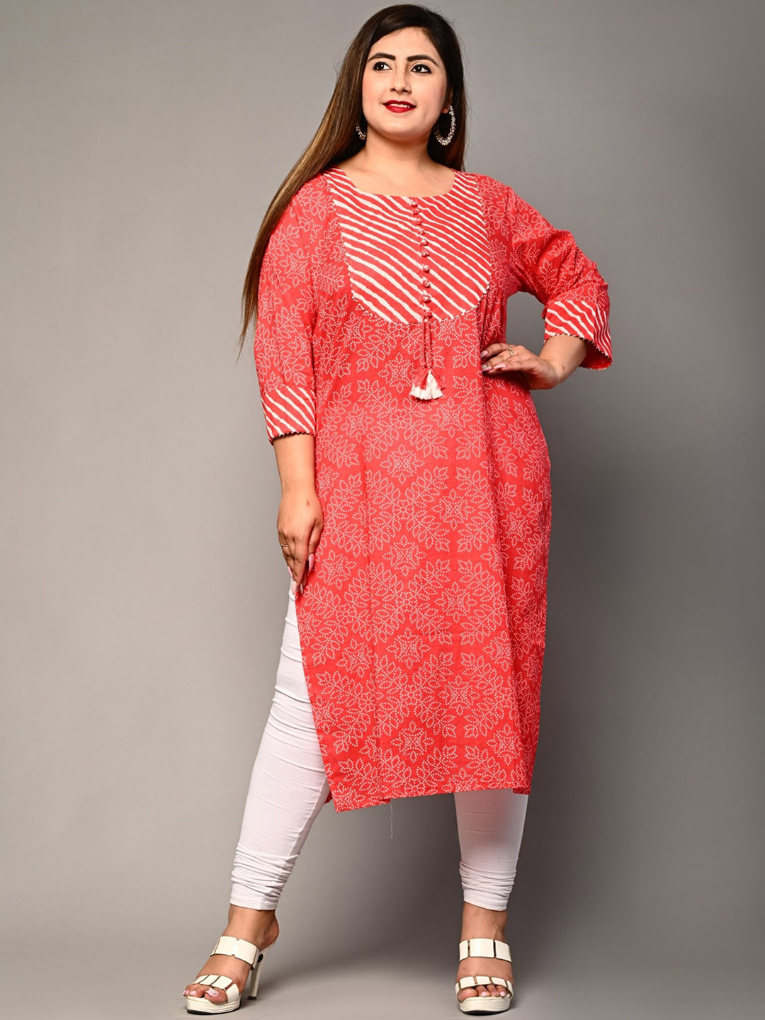 

KALINI Plus Size Round Neck Floral Embroidered Straight Kurta, Red