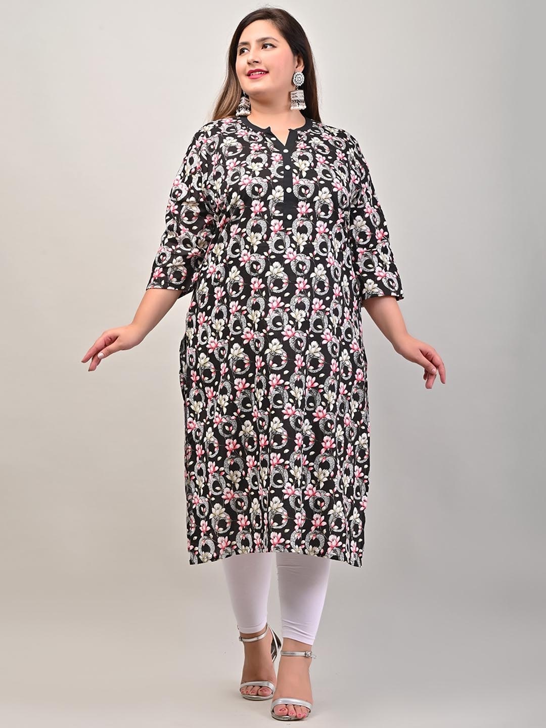 KALINI Plus Size Notched Neck Floral Embroidered Straight Kurta, Black
