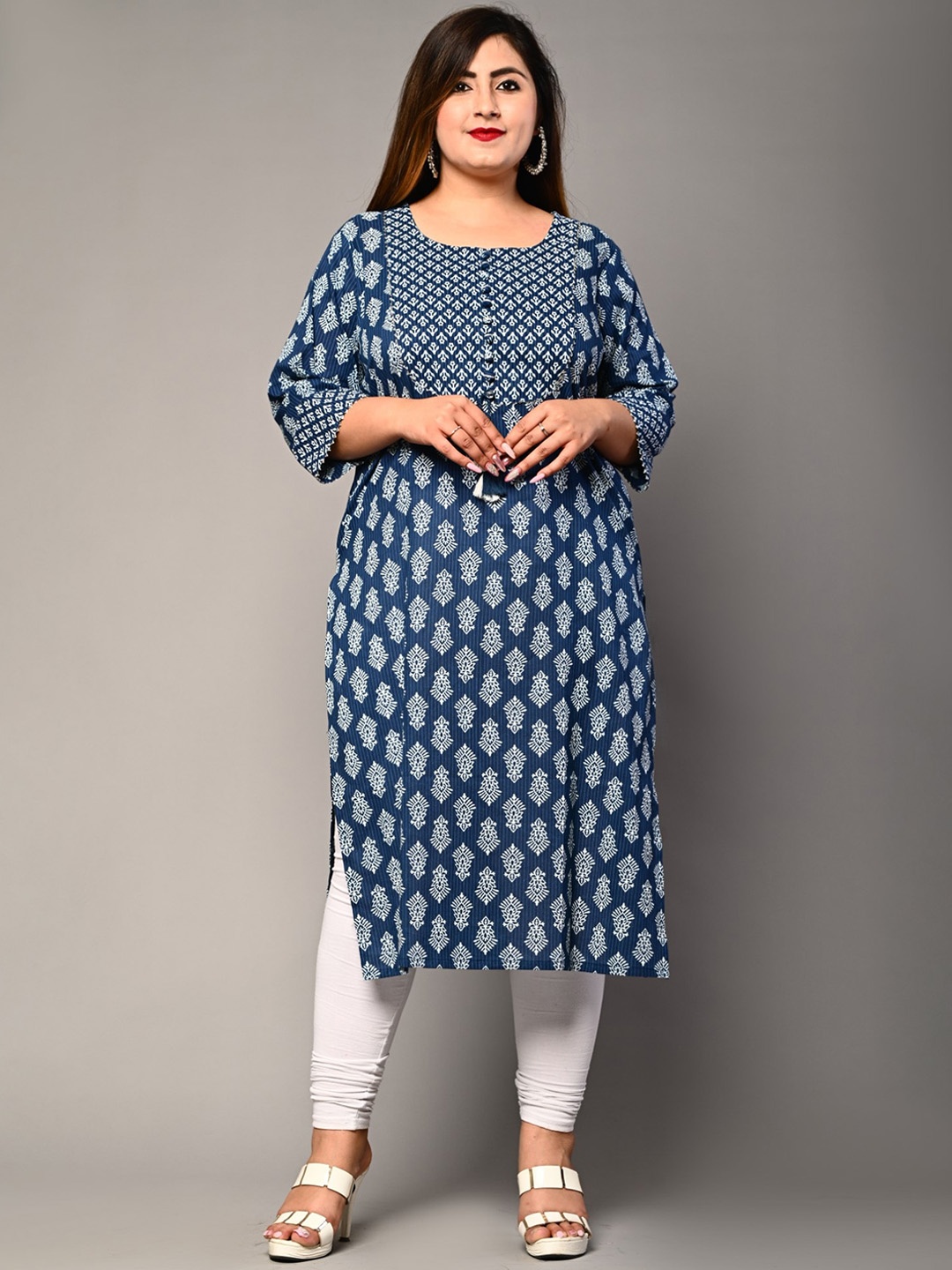 

KALINI Ethnic Motifs Printed Regular Sleeves Cotton Straight Kurta, Blue